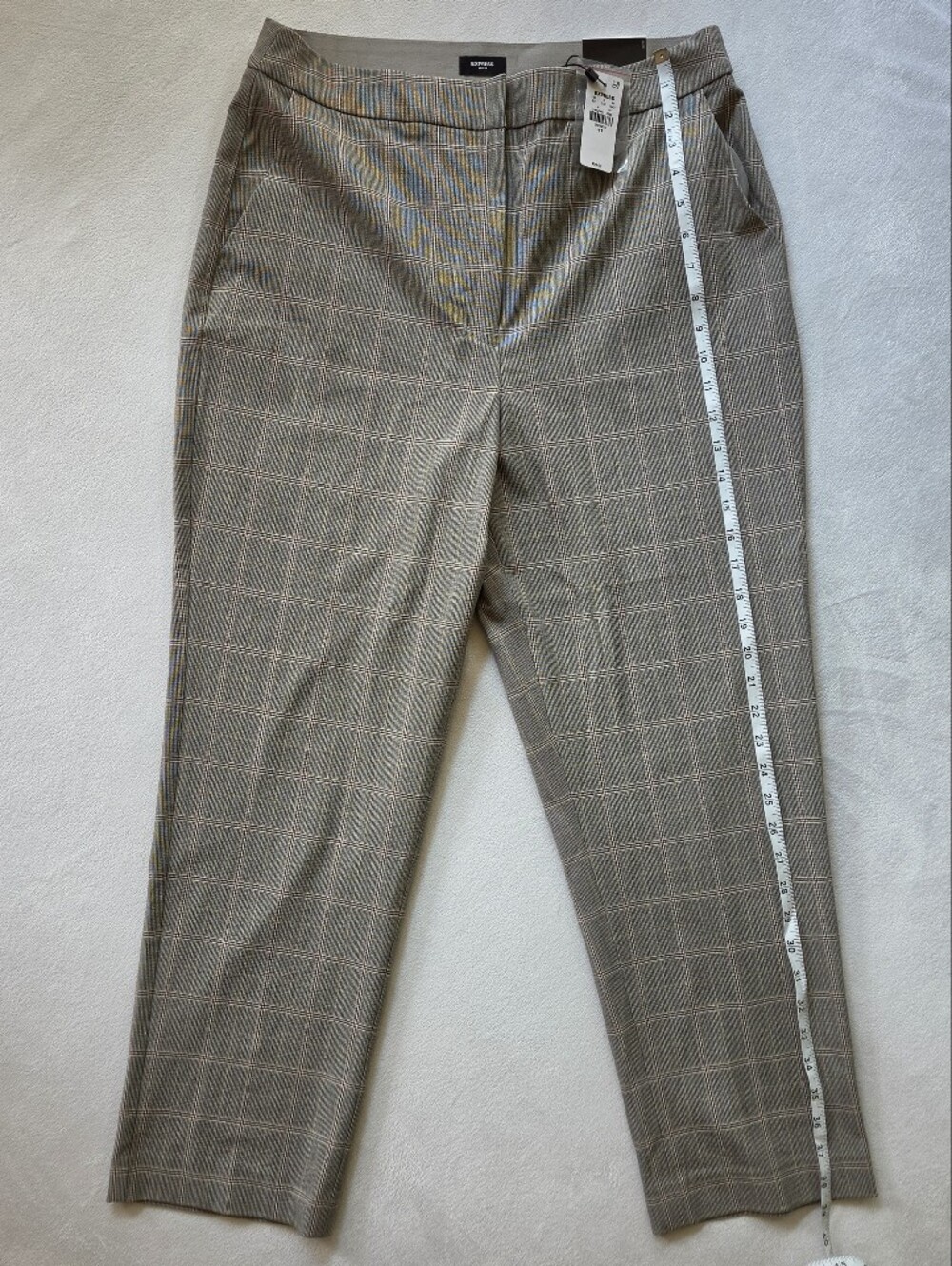 Express Women's Plaid Dress Pants in Taupe with Subtle Pink Windowpane - Picture 2 of 6